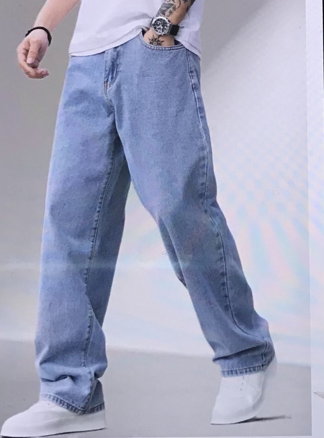 Baggy Jeans for Men Y2KStreewear Vintage Wide Leg LooseFit Demin Pants Capenter Jeans Light Blue Large