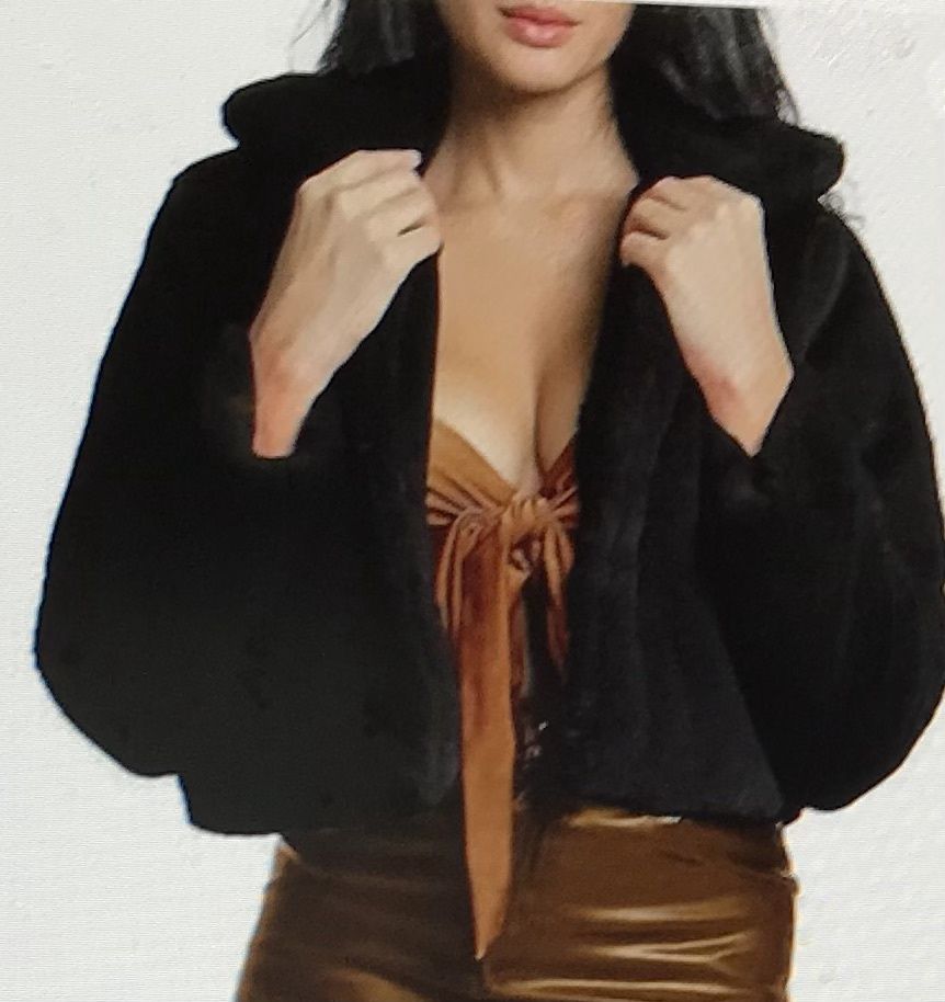 Faux Fur Women’s Outerwear Open Front Cardigan Crop Jacket Long Sleeve Black  XL
