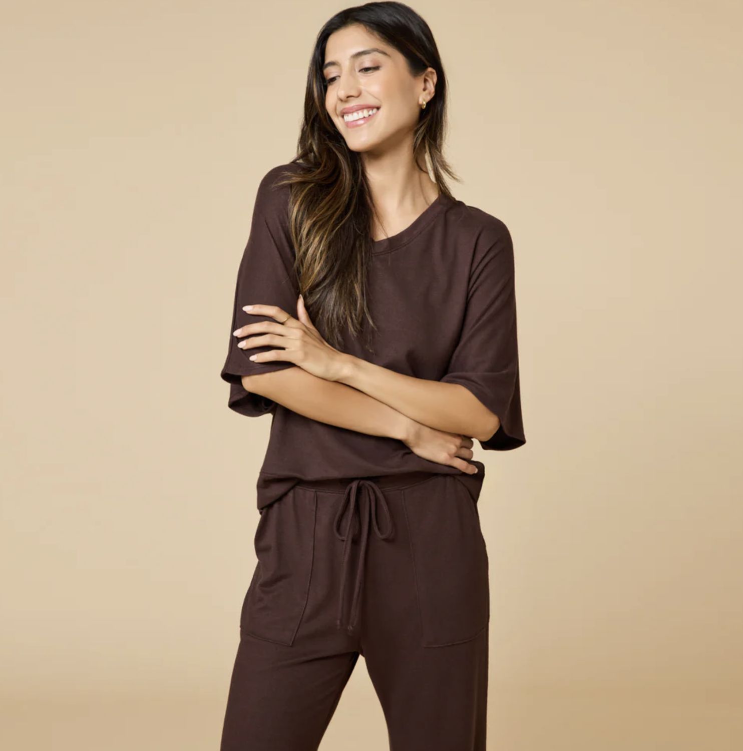 Softies Dream Relaxed VNeck Capri Set, Color: Espresso, Size: XS