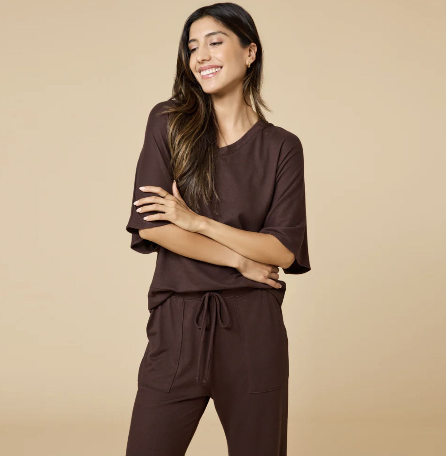 Softies Dream V-neck  Capri Set, Color: Espresso, Size: XS