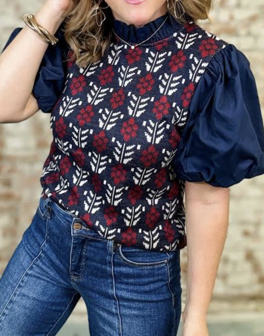 THML Navy/Print Puff Top
