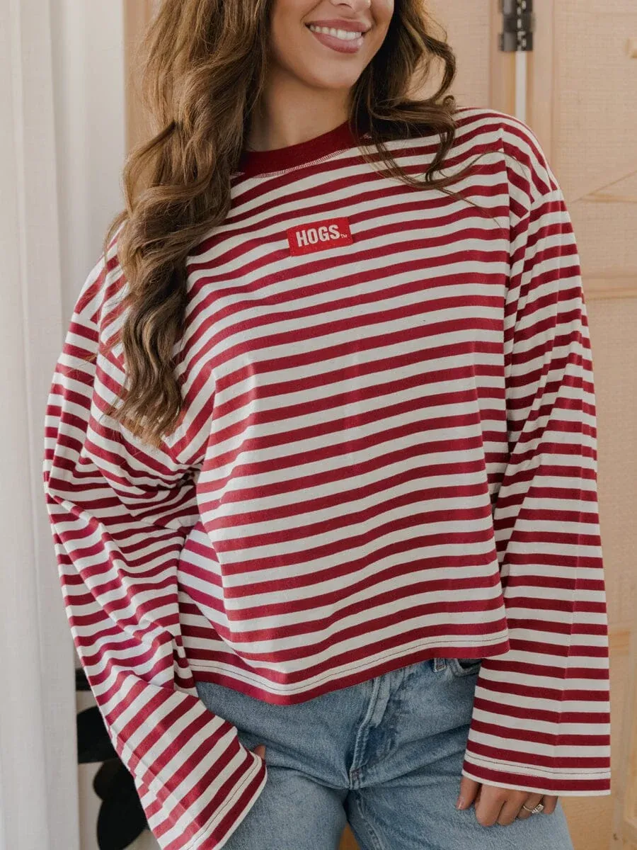 LivyLu Red Stripe Hogs Patch Top