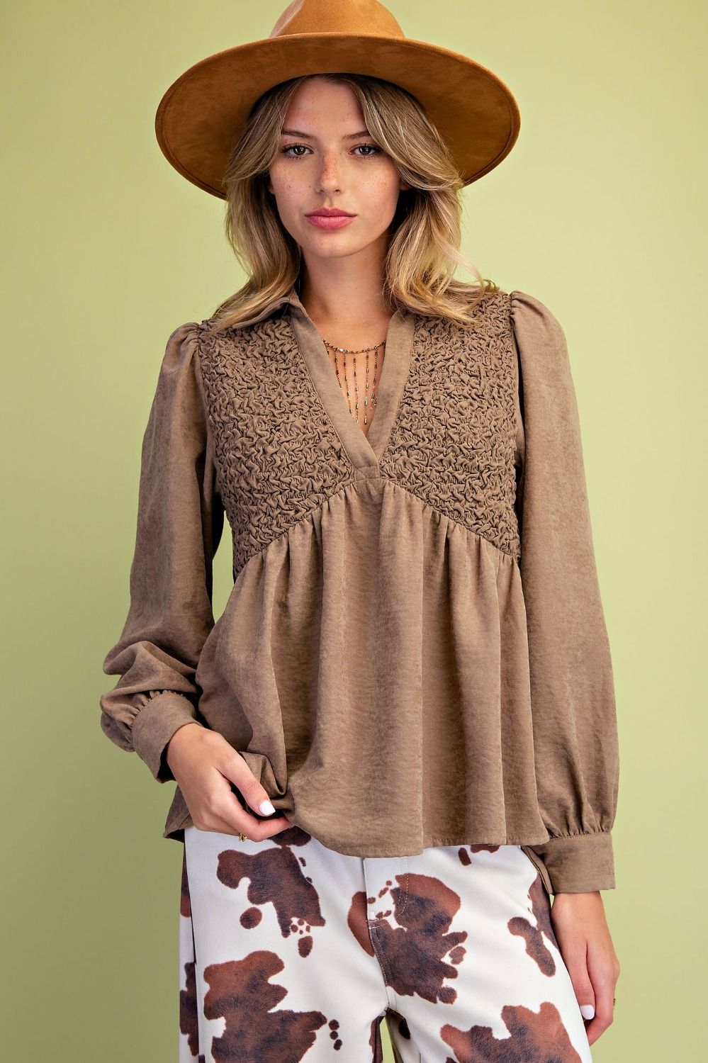 Easel Olive Gray Puckered Top