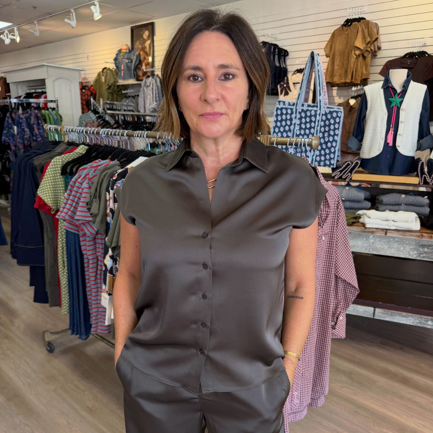 VH Bronze Olive Cap Sleeve Satin Top