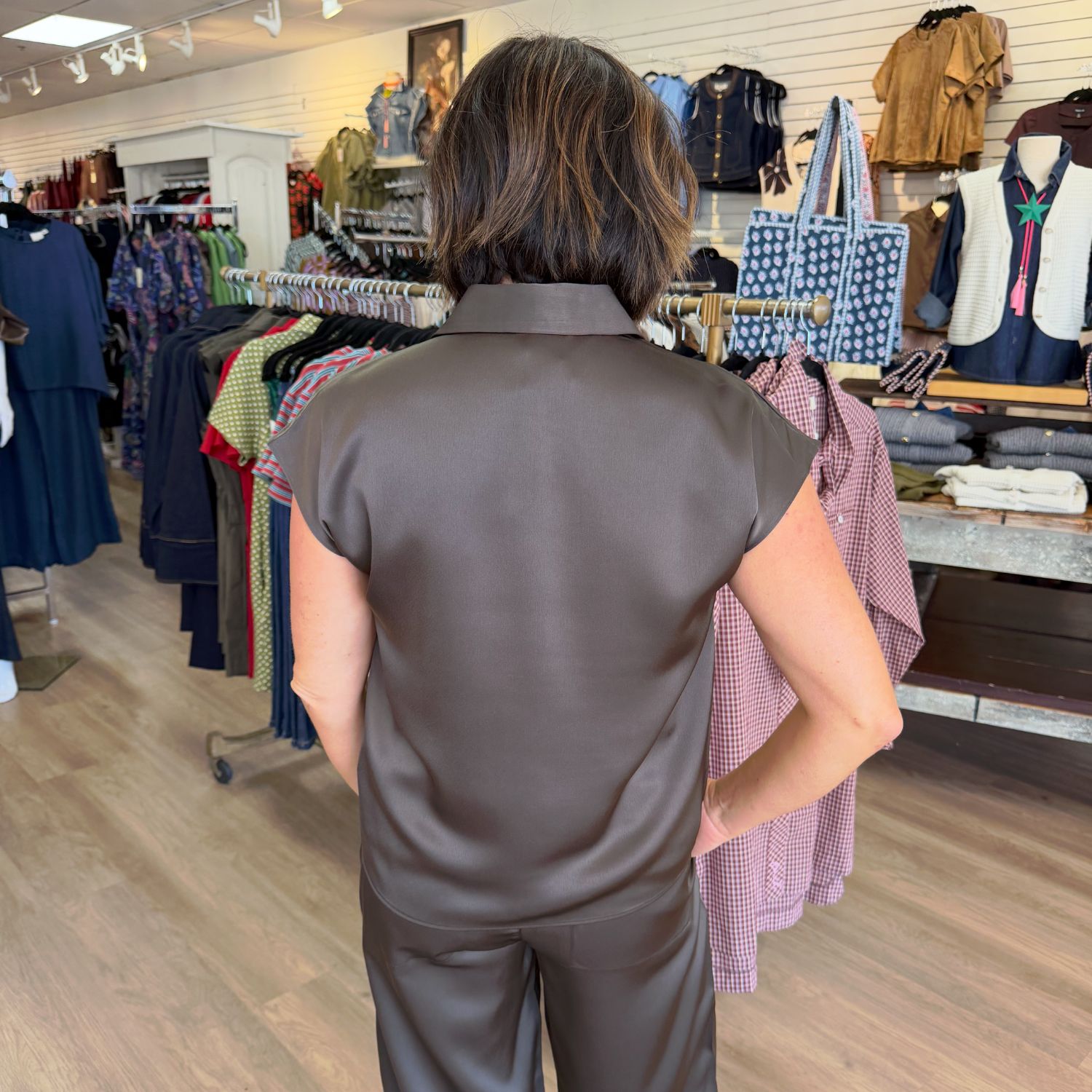 VH Bronze Olive Cap Sleeve Satin Top