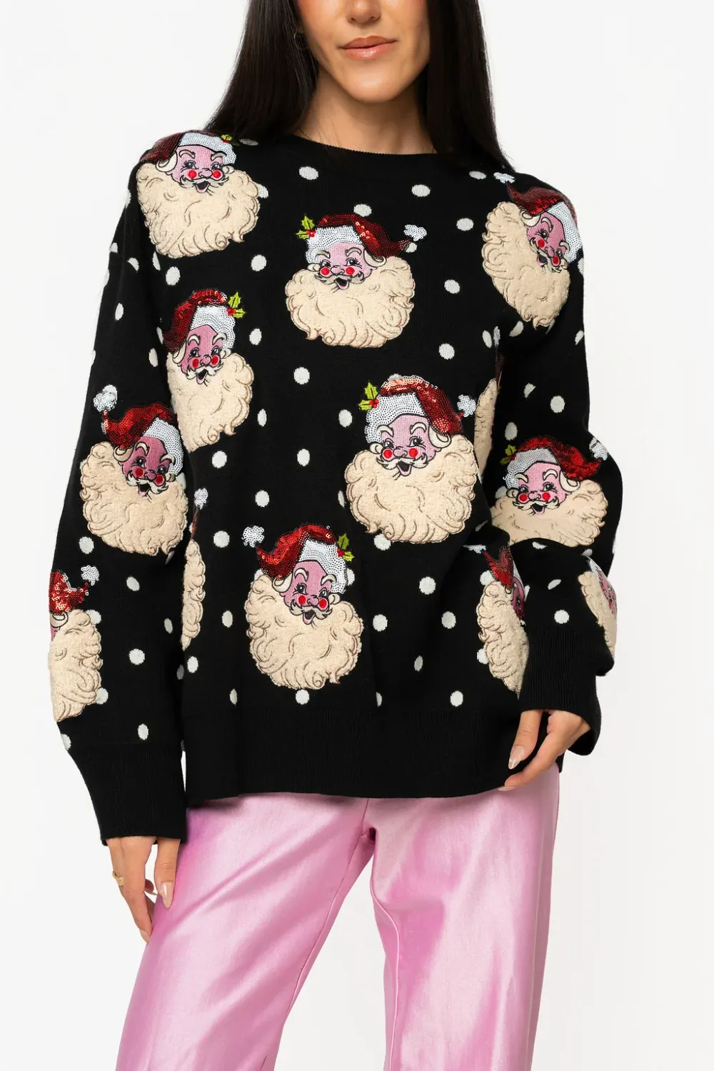 QOS Black Polka Dot Santa Swt