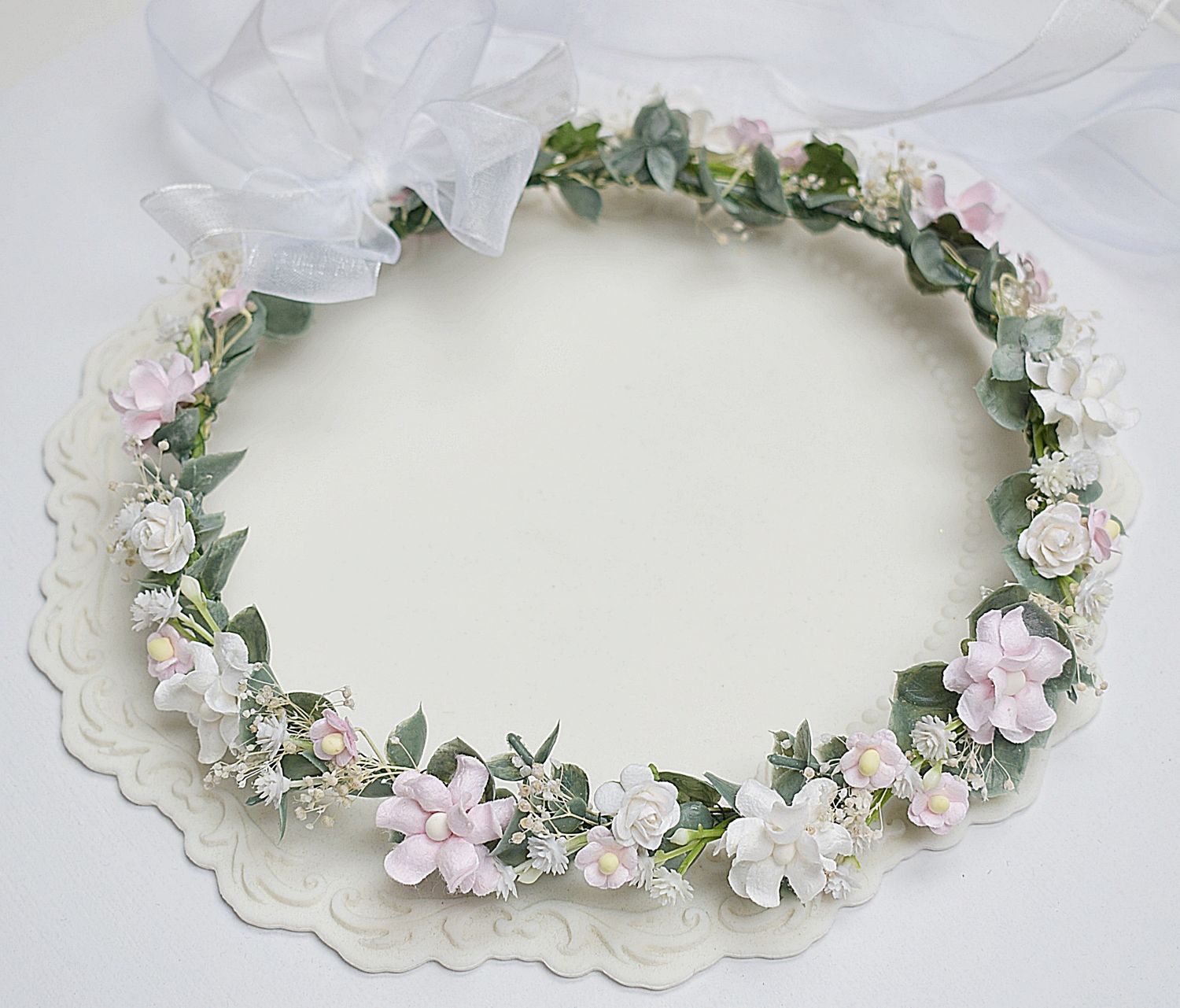 Wianek komunijny Biel pudrowy róż