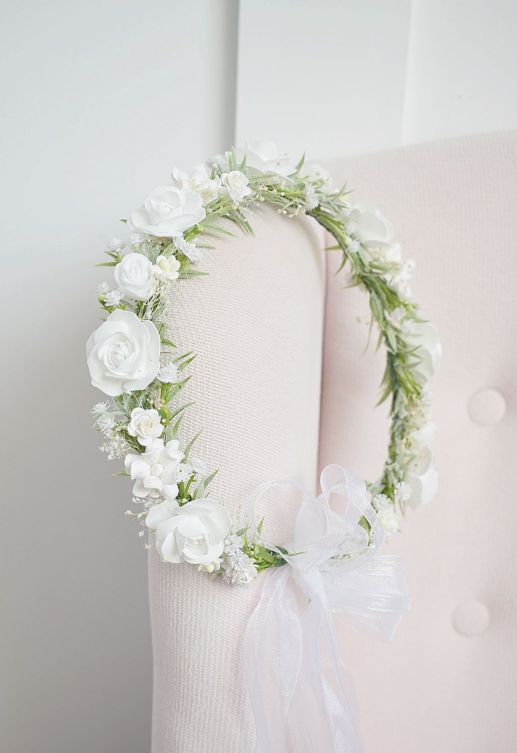 Wianek komunijny biel, pudrowa zieleń, róż.