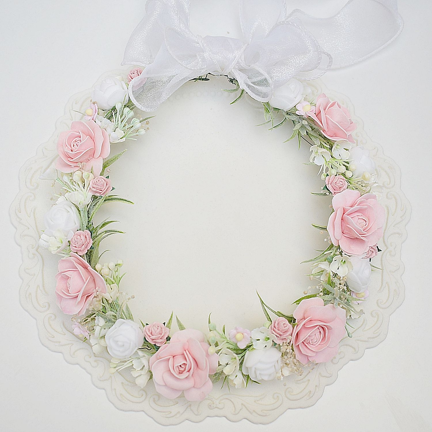 Wianek komunijny pudrowy róż, pastelowa zieleń