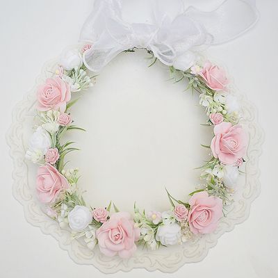 Wianek komunijny pudrowy róż, pastelowa zieleń