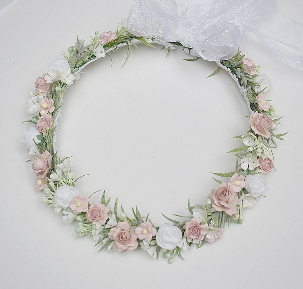 Wianek komunijny nude pink zieleń drobne kwiaty