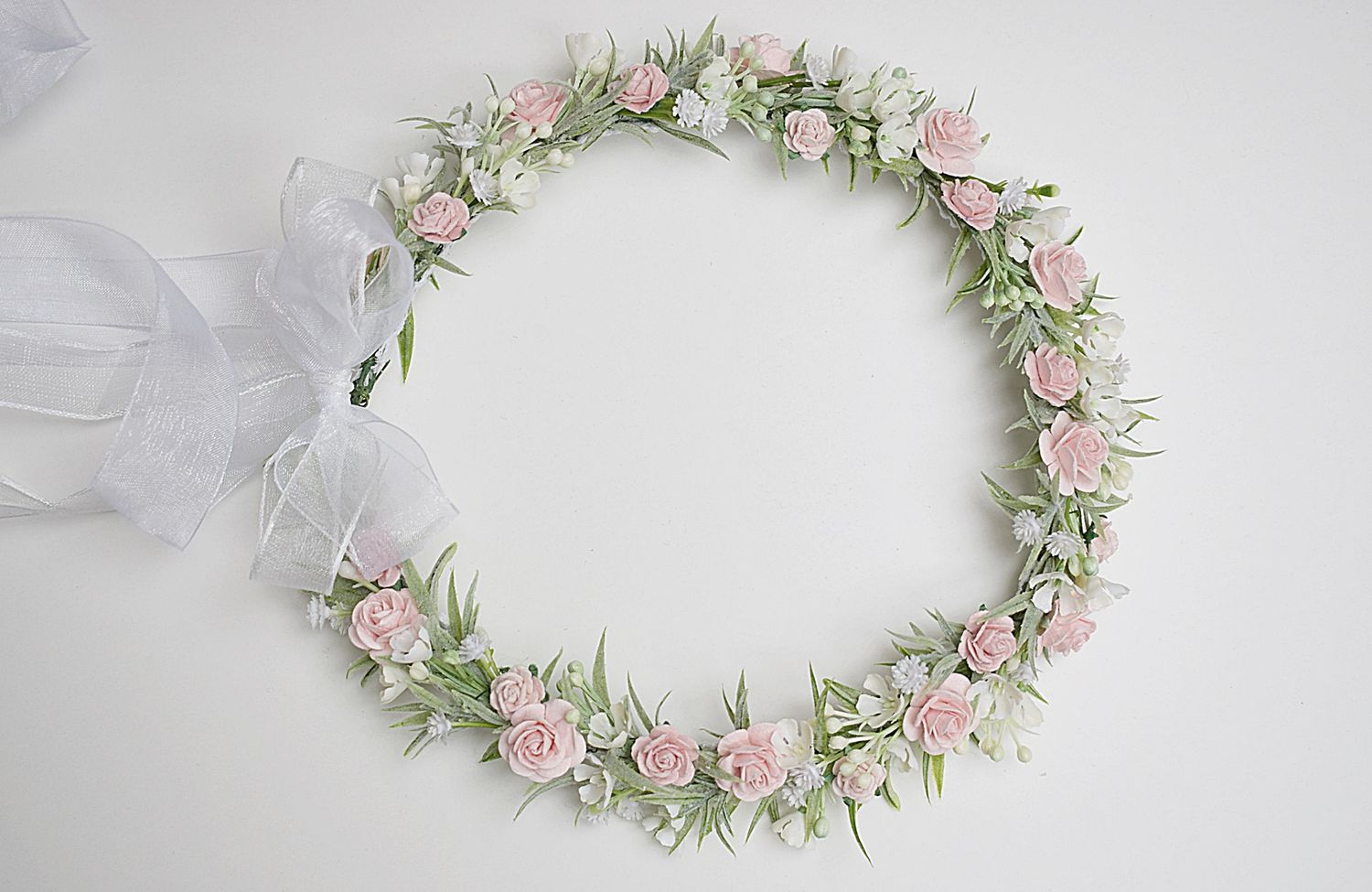 Wianek komunijny , weseje, zieleń, biel, róż