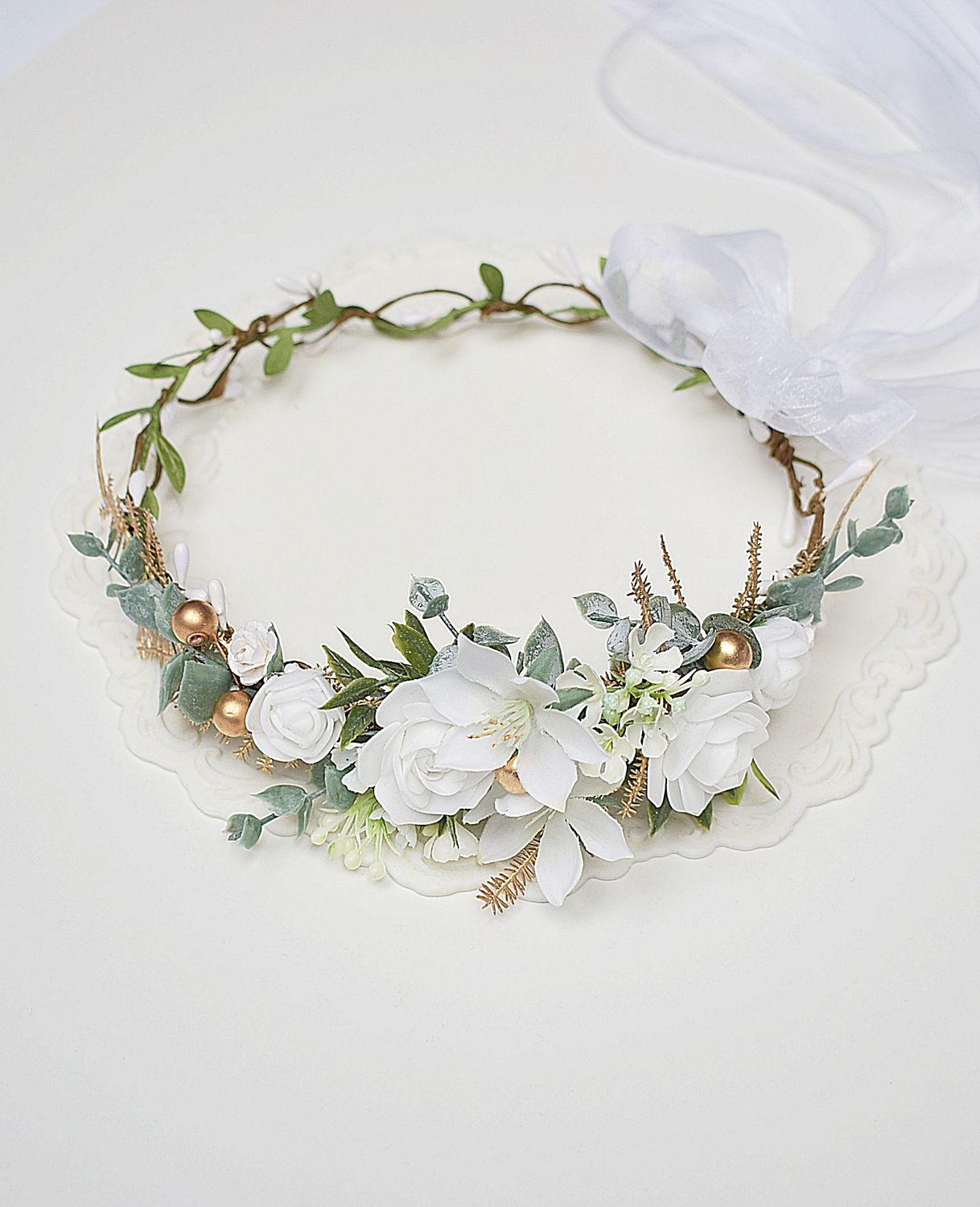 Wianek komunijny biel, ivory, zielony eukaliptus