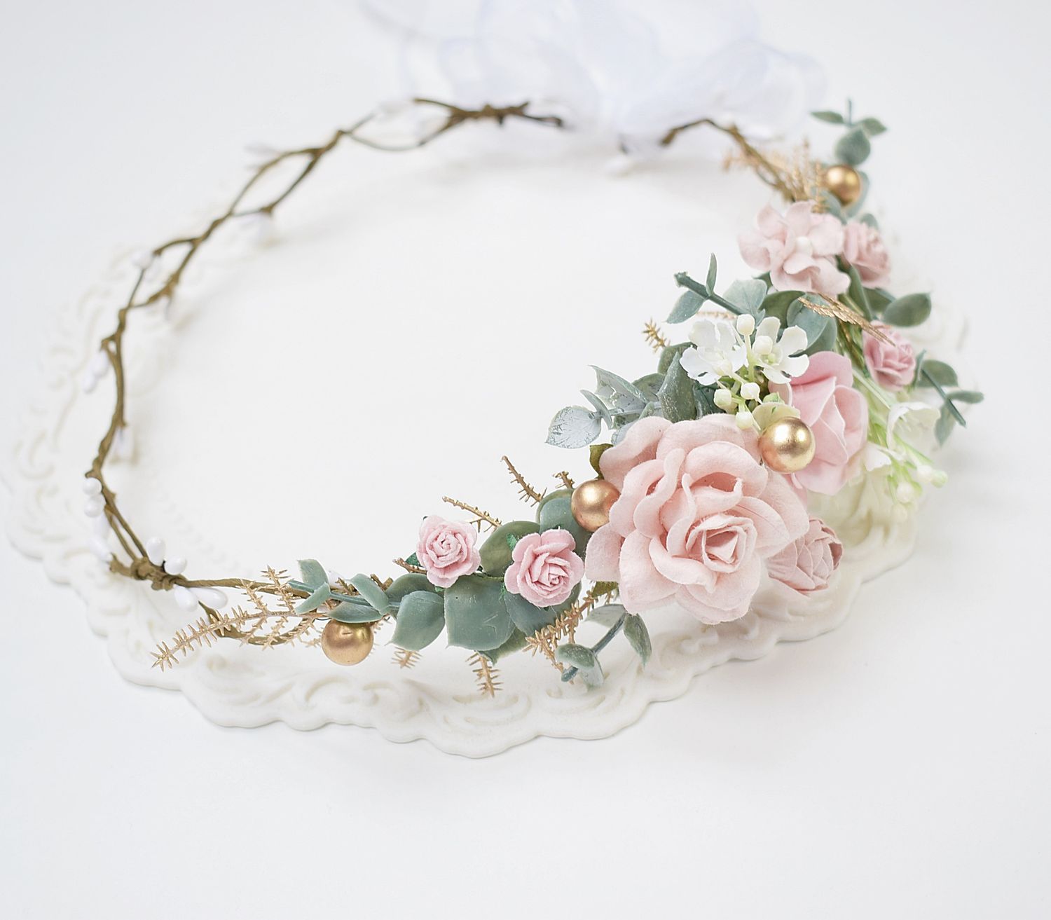 Wianek komunijny róż złoto,  asymetryczny