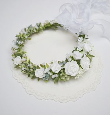 Wianek komunijny asymetryczny jak żywy, biel, zieleń