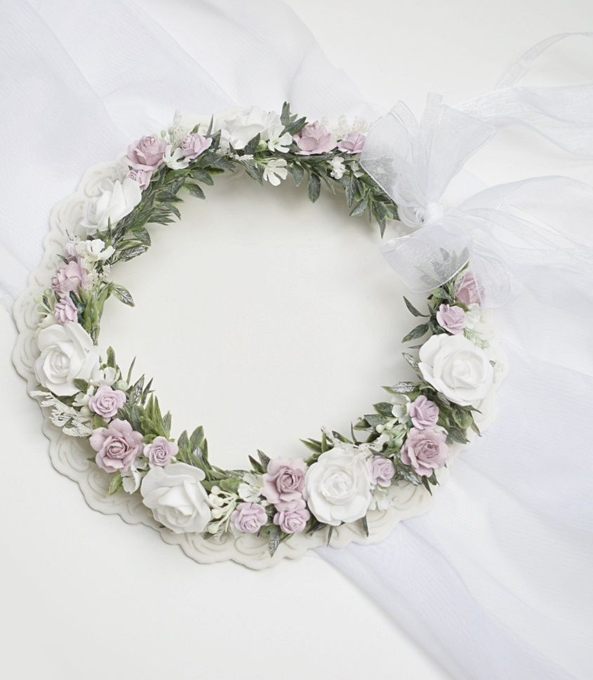 Wianek komunijny fioletowy lilac, zieleń, gipsówka