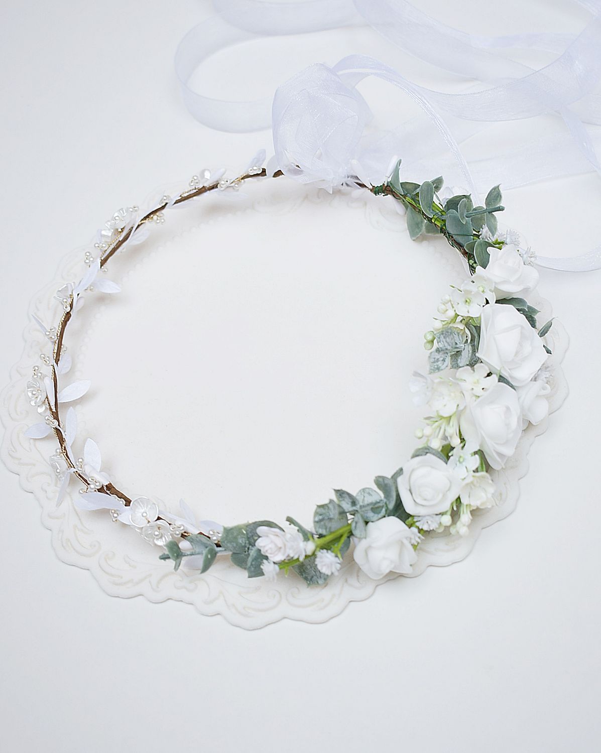 Wianek komunijny  białe różyczki, zieleń, perełki