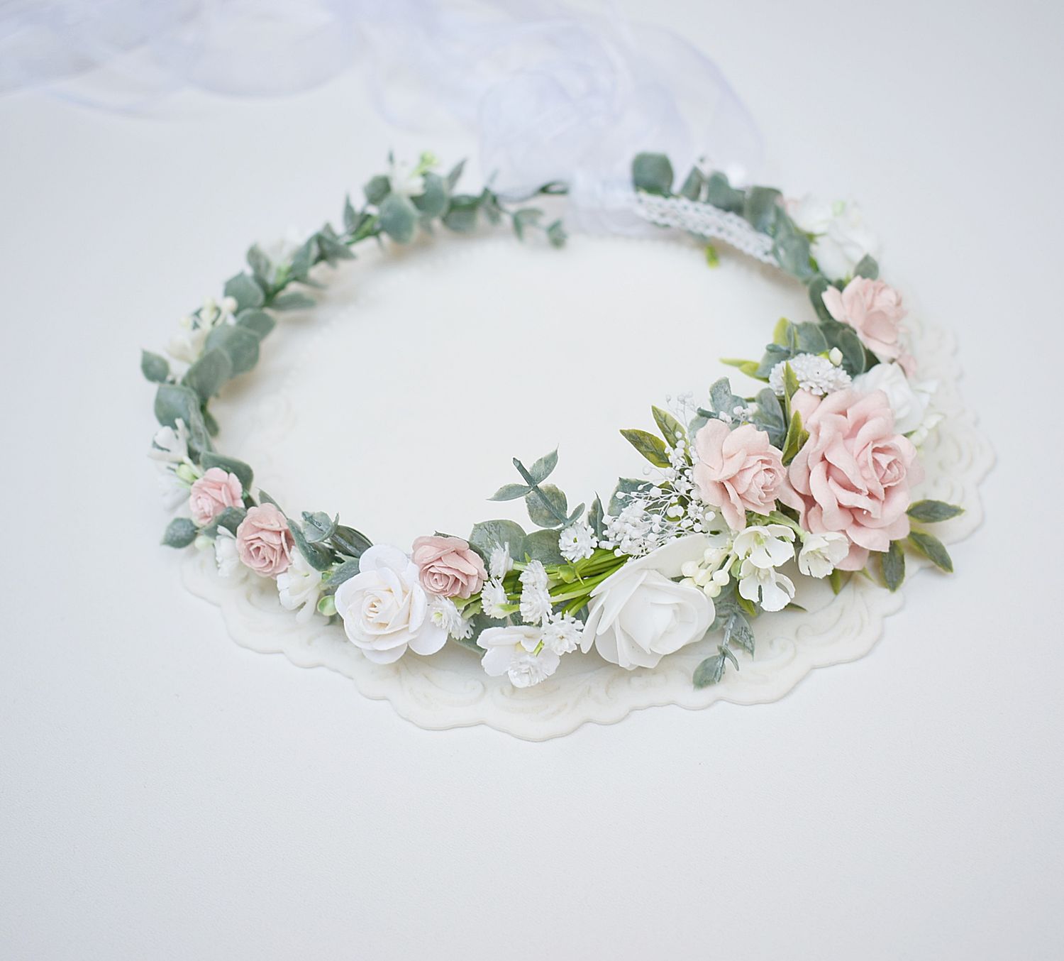 Wianek komunijny biel  pudrowy róż, zieleń eukaliptusa