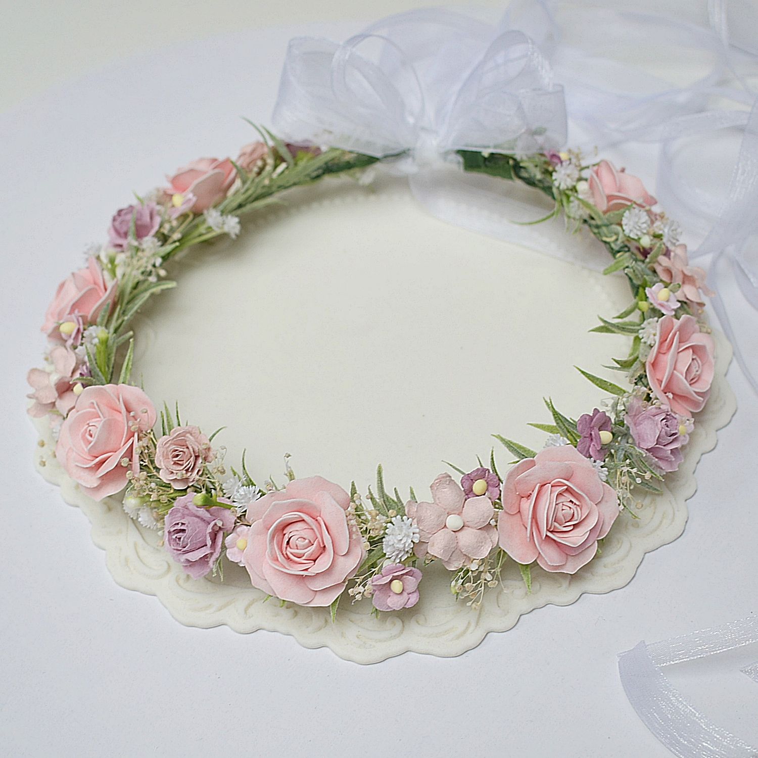 Wianek komunijny pudrowa zieleń, fiolet, róż