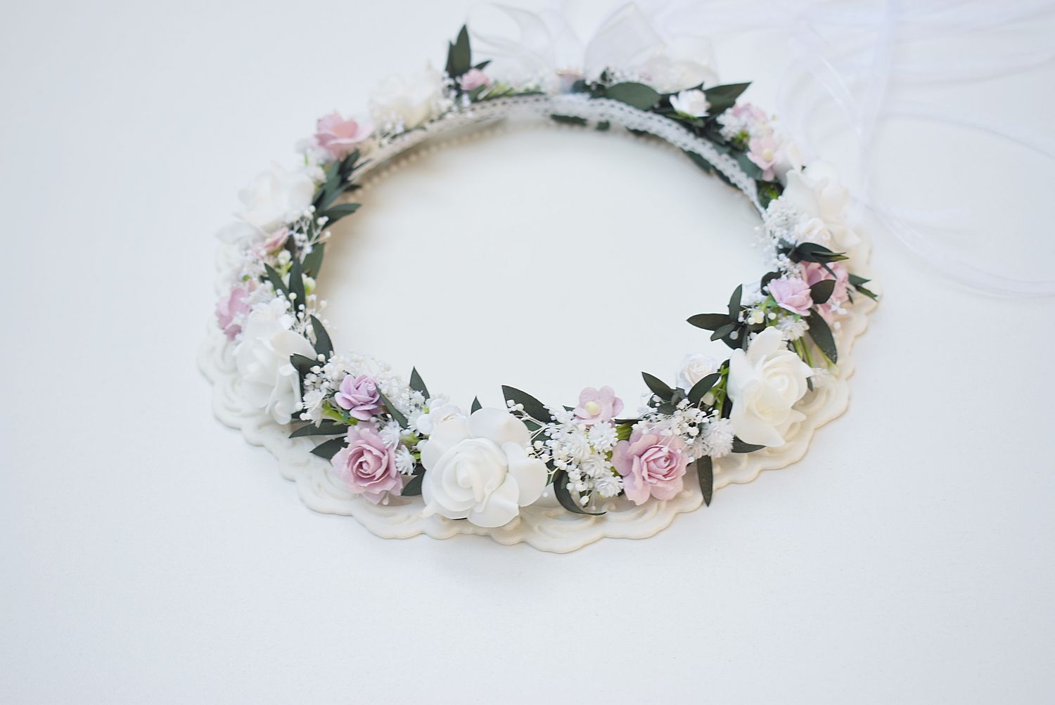 Wianek komunijny naturalny eukaliptus, gipsówka, zieleń fiolet liliowy