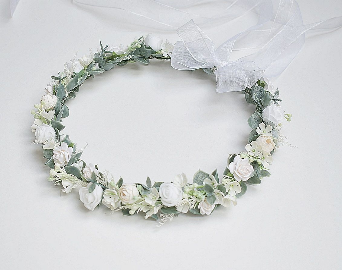 Wianek komunijny biel , Ivory - śmietanka, eukaliptus.