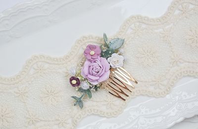 Mini grzebyk kwiatowy, komunia, ślub, biały tydzień- fiolet, liliowy,  biel