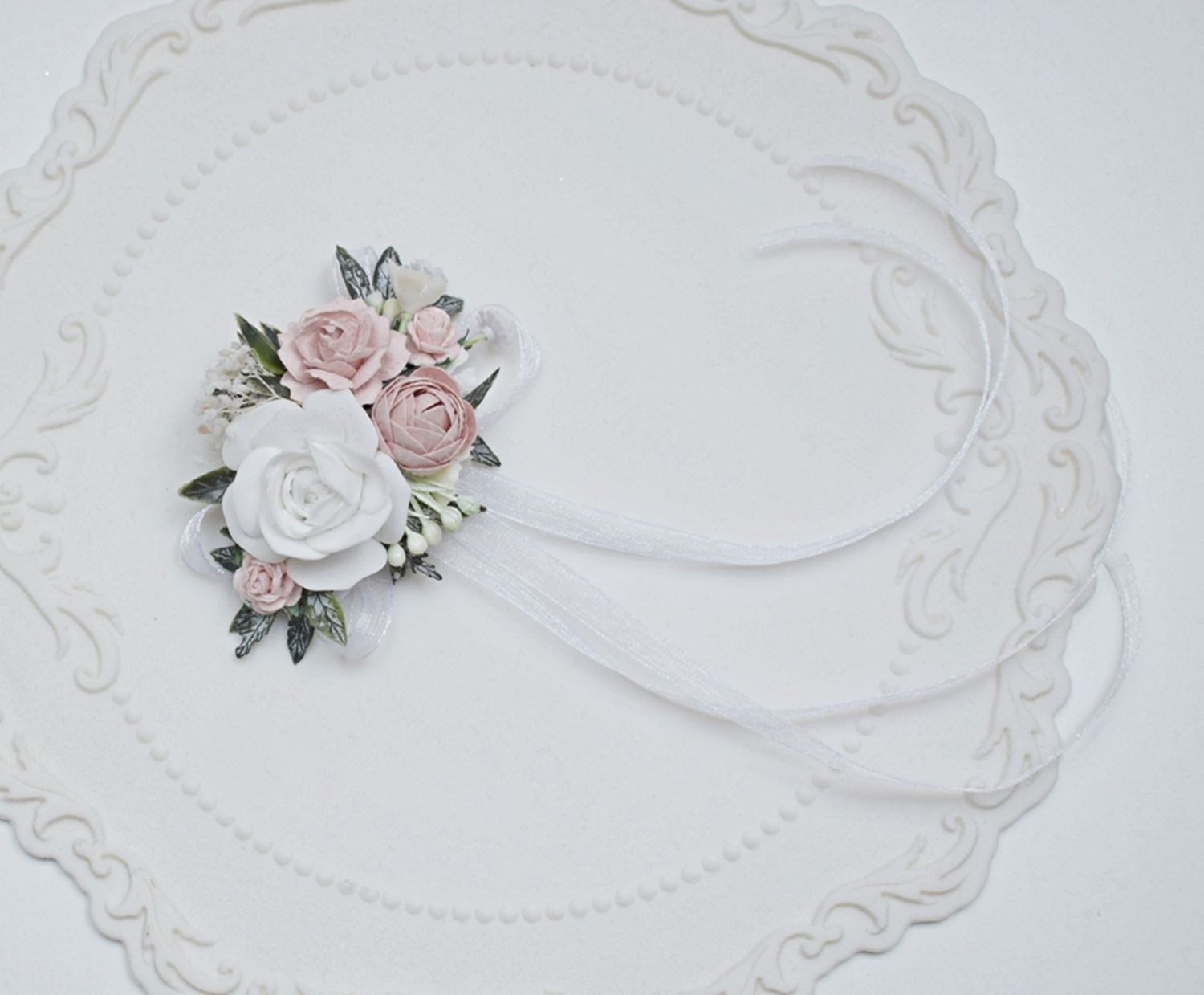 Ozdoba  na świecę biel, pudrowy róż, zieleń