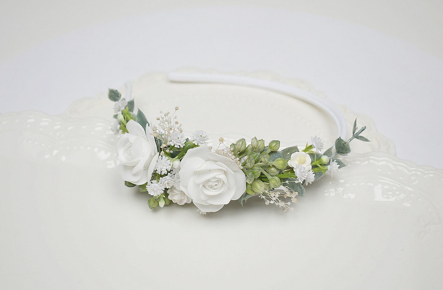 Opaska komunijna biel, zieleń, boho