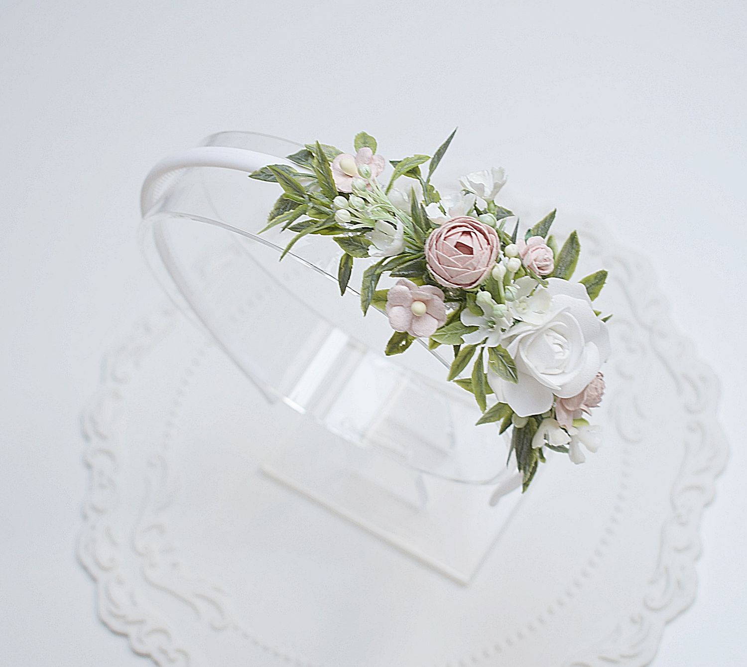 Opaska komunijna biel, pudrowy róż, zieleń.