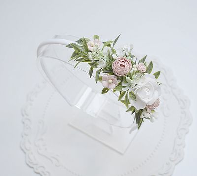 Opaska komunijna biel, pudrowy róż, zieleń.