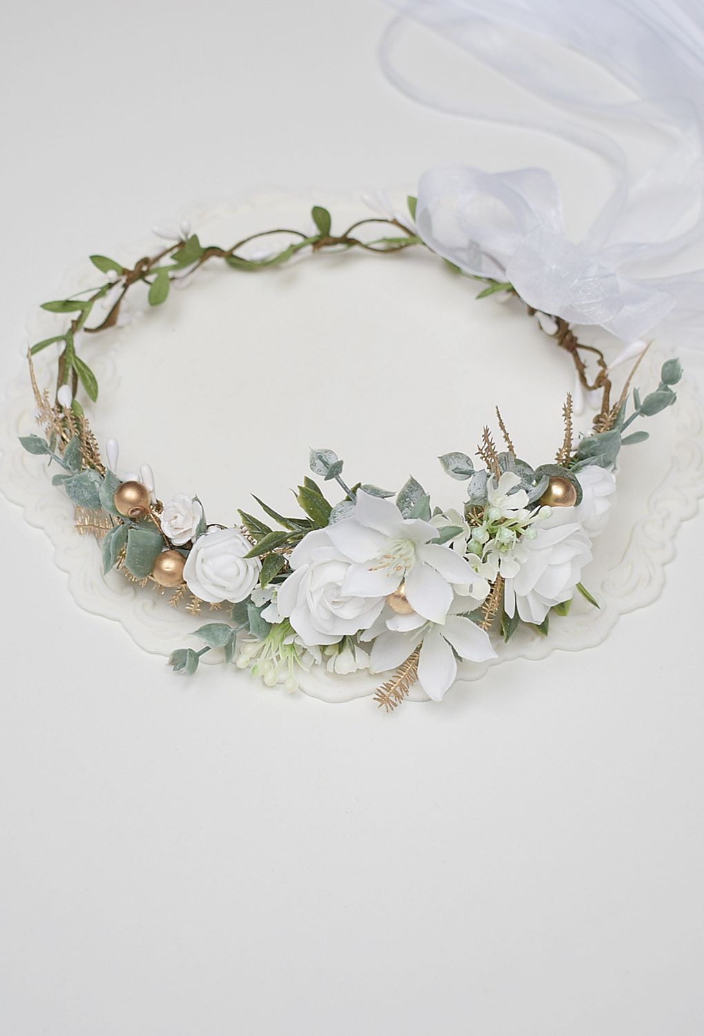 Wianek komunijny biel, ivory, zielony eukaliptus