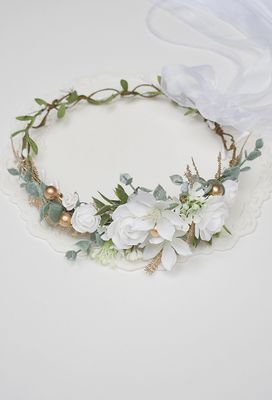 Wianek komunijny biel, ivory, zielony eukaliptus