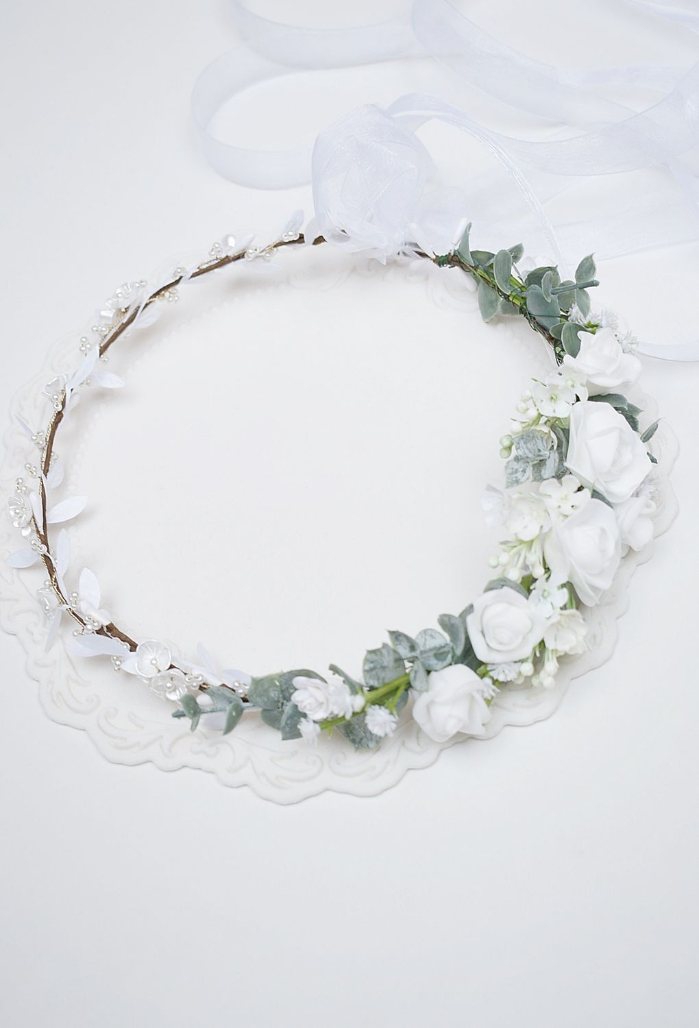 Wianek komunijny  białe różyczki, zieleń, perełki