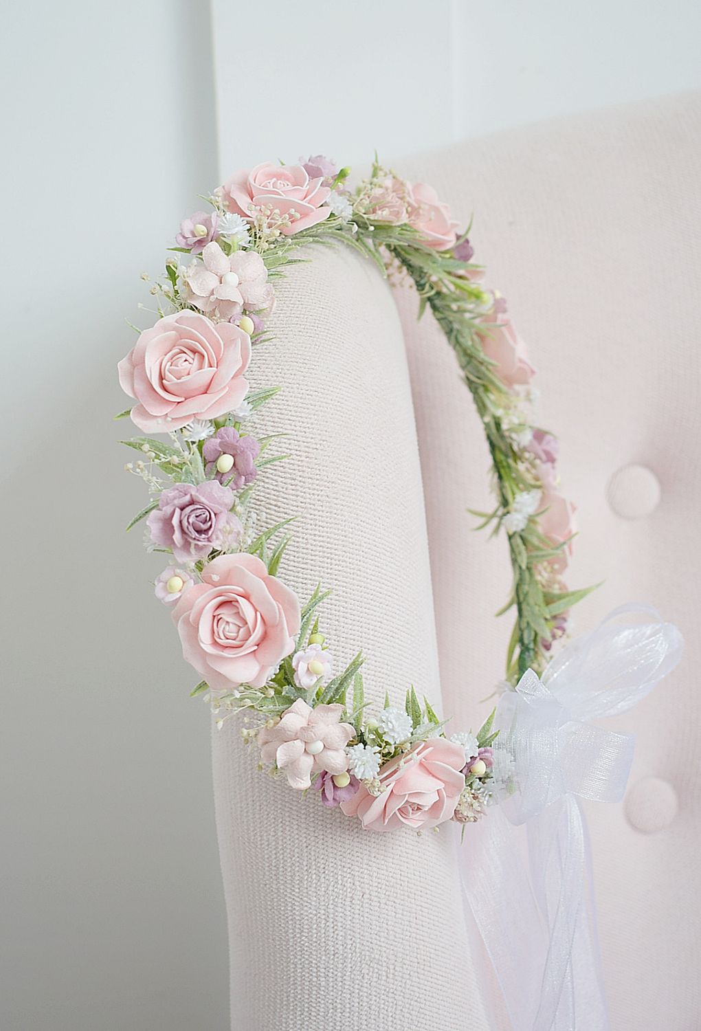 Wianek komunijny pudrowa zieleń, fiolet, róż