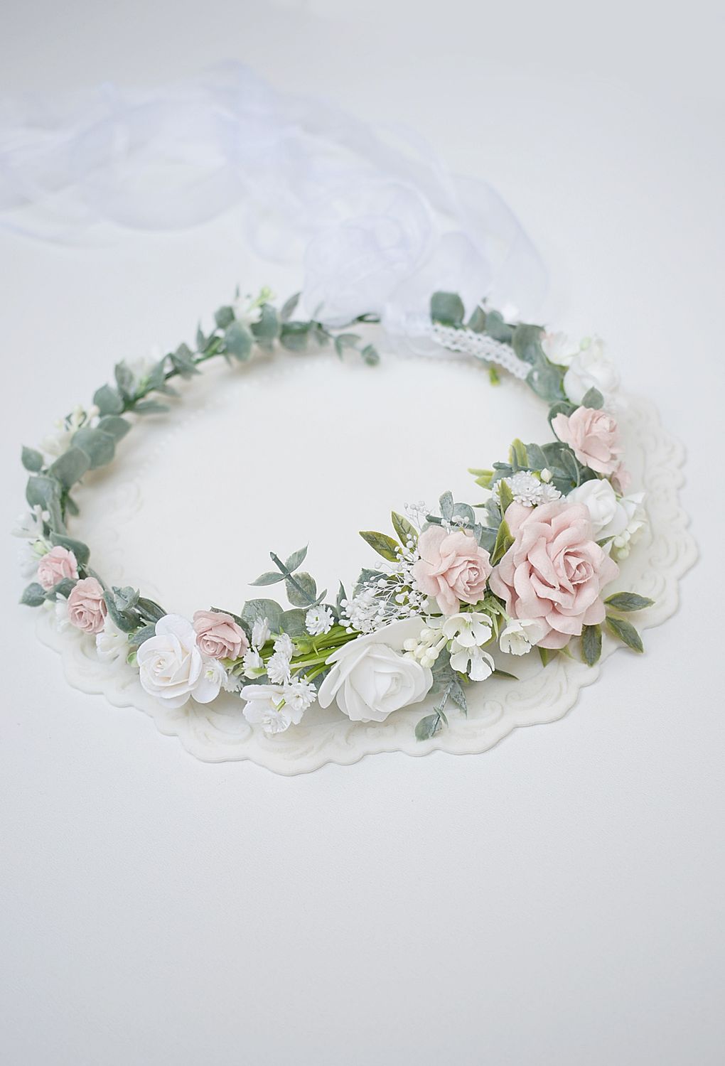 Wianek komunijny biel  pudrowy róż, zieleń eukaliptusa