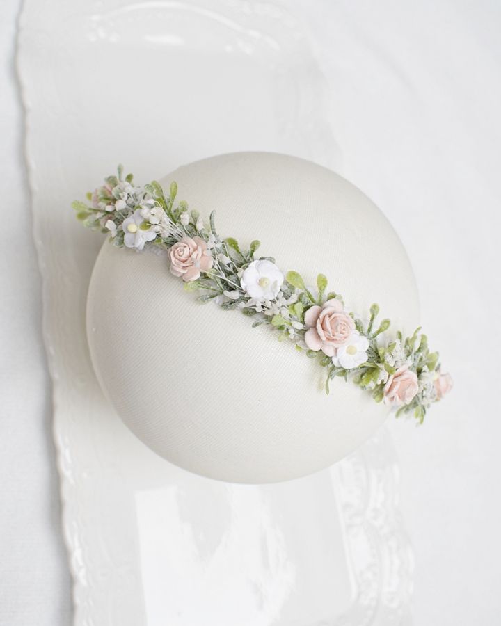 Wianek na chrzest Boho Natural ivory, biel, zieleń