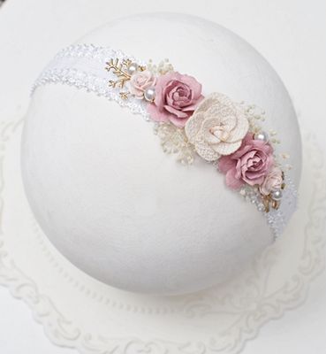 Wianuszek na chrzest, sesje, urodziny, kremowy, ciemny róż złoto, pudrowy róż