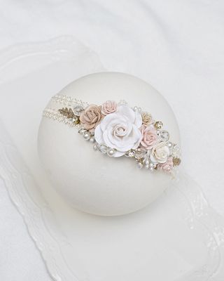 Wianek, opaska newbie  na chrzest, śmietanka, biel, nude pink