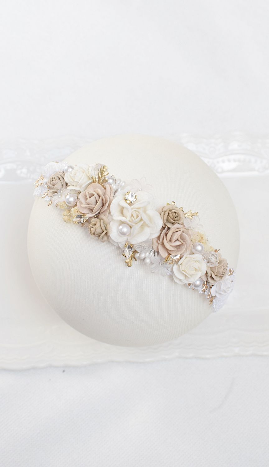 Wianek , opaska na chrzest boho beżowo kremowy