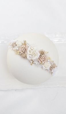 Wianek , opaska na chrzest boho beżowo kremowy