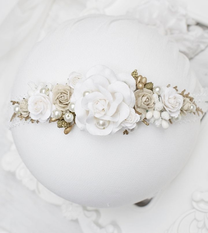 Wianek dla dziewczynki, wianek na chrzest komunia biel beż
