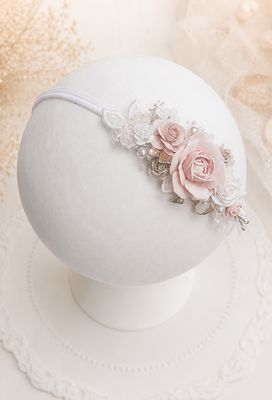 Opaska wianek chrzest nude pink, beż złoto
