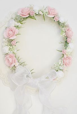 Wianek komunijny pudrowy róż, pastelowa zieleń