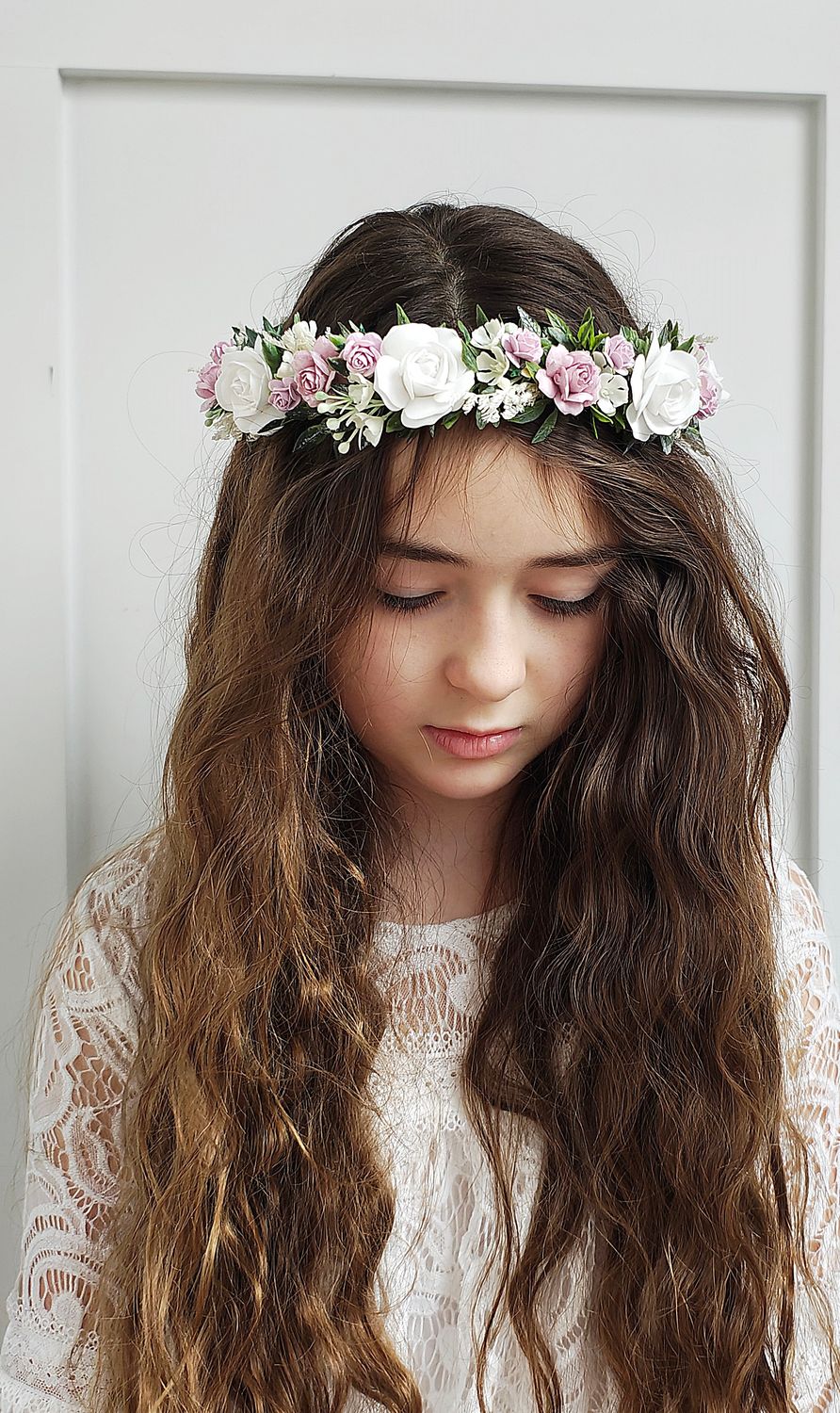 Wianek komunijny fioletowy lilac, zieleń, gipsówka