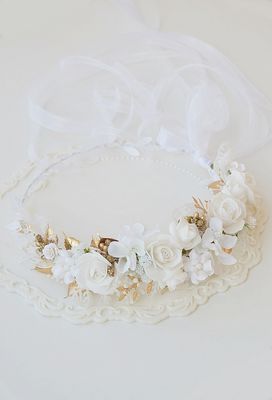 Wianek komunijny, biel , ivory, złoto