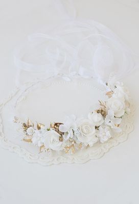 Wianek komunijny, biel , ivory, złoto
