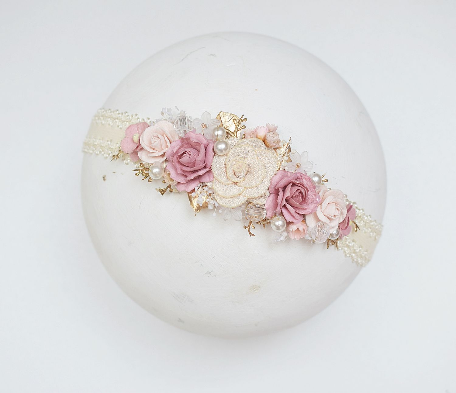 Wianuszek na chrzest, sesje, urodziny, kremowy, ciemny róż złoto, pudrowy róż