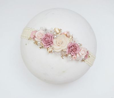 Wianuszek na chrzest, sesje, urodziny, kremowy, ciemny róż złoto, pudrowy róż