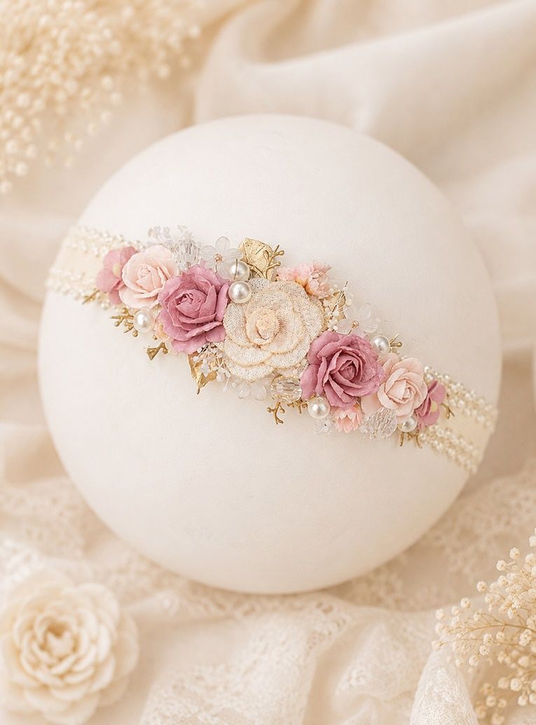 Wianuszek na chrzest, sesje, urodziny, kremowy, ciemny róż złoto, pudrowy róż