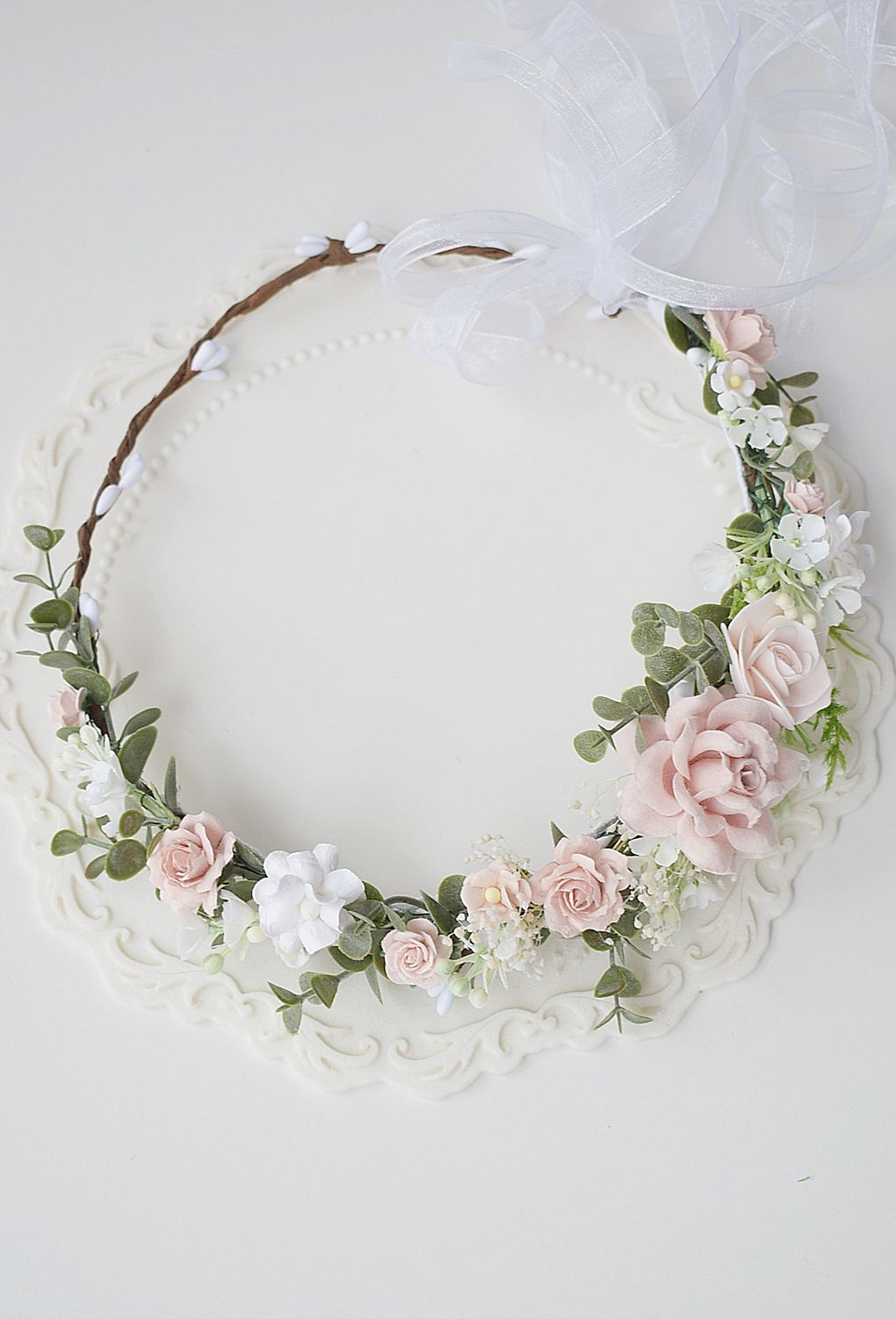 Wianek komunijny  białe różyczki, zieleń, perełki